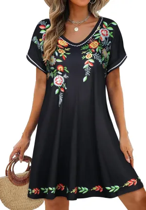 elescat Summer Dresses for Women V Neck Short Sleeve Flowy Tshirt Dress Casual Loose Sundress with Pockets