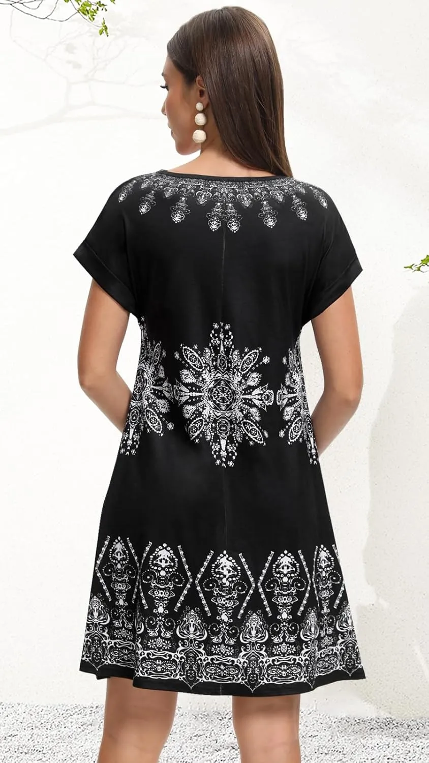 elescat Summer Dresses for Women V Neck Short Sleeve Flowy Tshirt Dress Casual Loose Sundress with Pockets