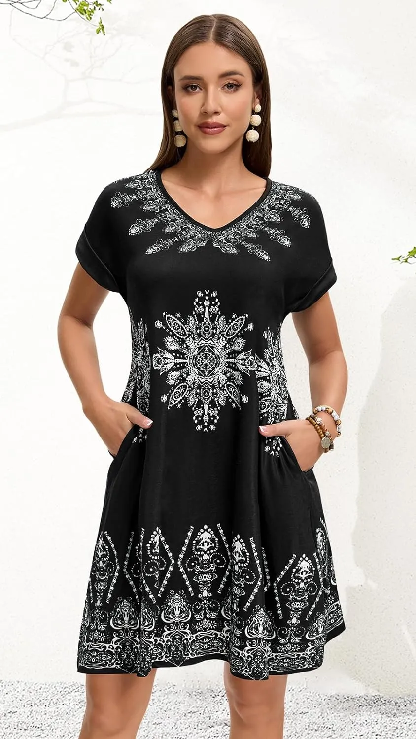 elescat Summer Dresses for Women V Neck Short Sleeve Flowy Tshirt Dress Casual Loose Sundress with Pockets