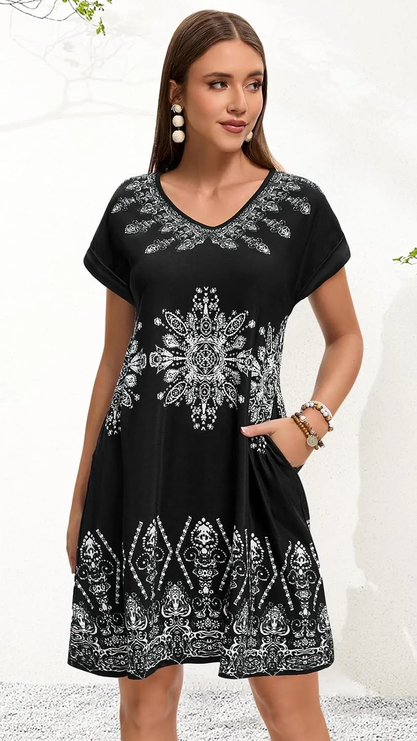 elescat Summer Dresses for Women V Neck Short Sleeve Flowy Tshirt Dress Casual Loose Sundress with Pockets