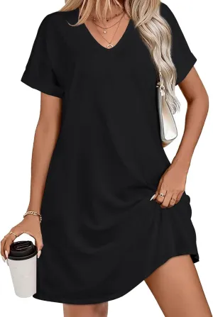 elescat Summer Dresses for Women V Neck Short Sleeve Flowy Tshirt Dress Casual Loose Sundress with Pockets