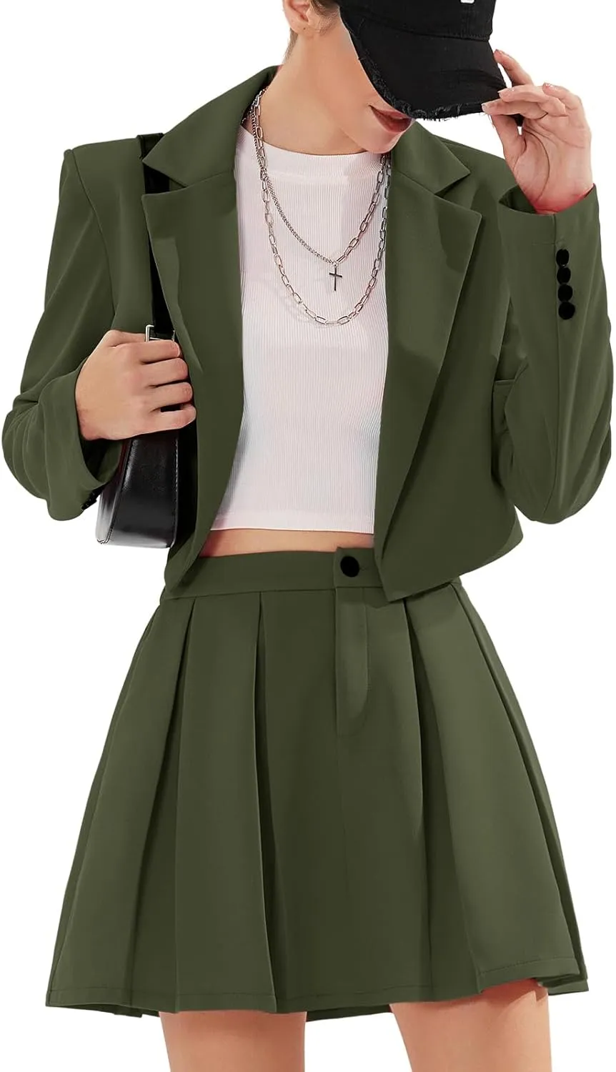 EXLURA Women's Business Casual Blazer Suit Sets and Pleated Mini Skirt 2 Piece Outfits Trendy Long Sleeve Y2K Clothes 2025