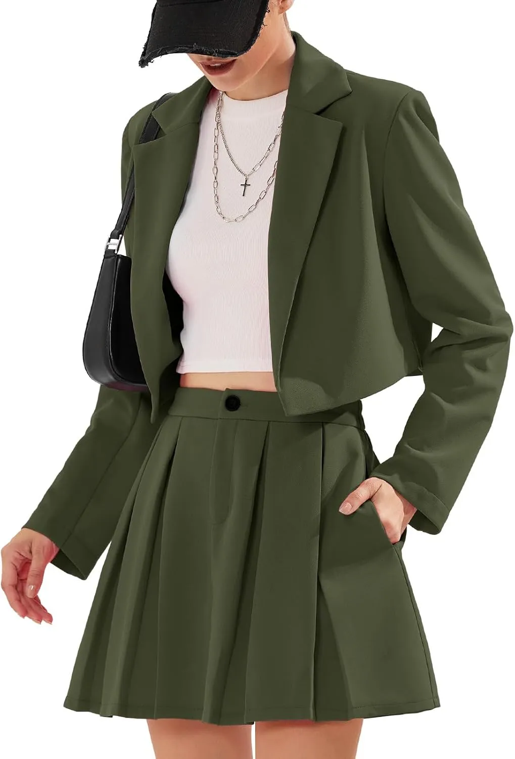 EXLURA Women's Business Casual Blazer Suit Sets and Pleated Mini Skirt 2 Piece Outfits Trendy Long Sleeve Y2K Clothes 2025