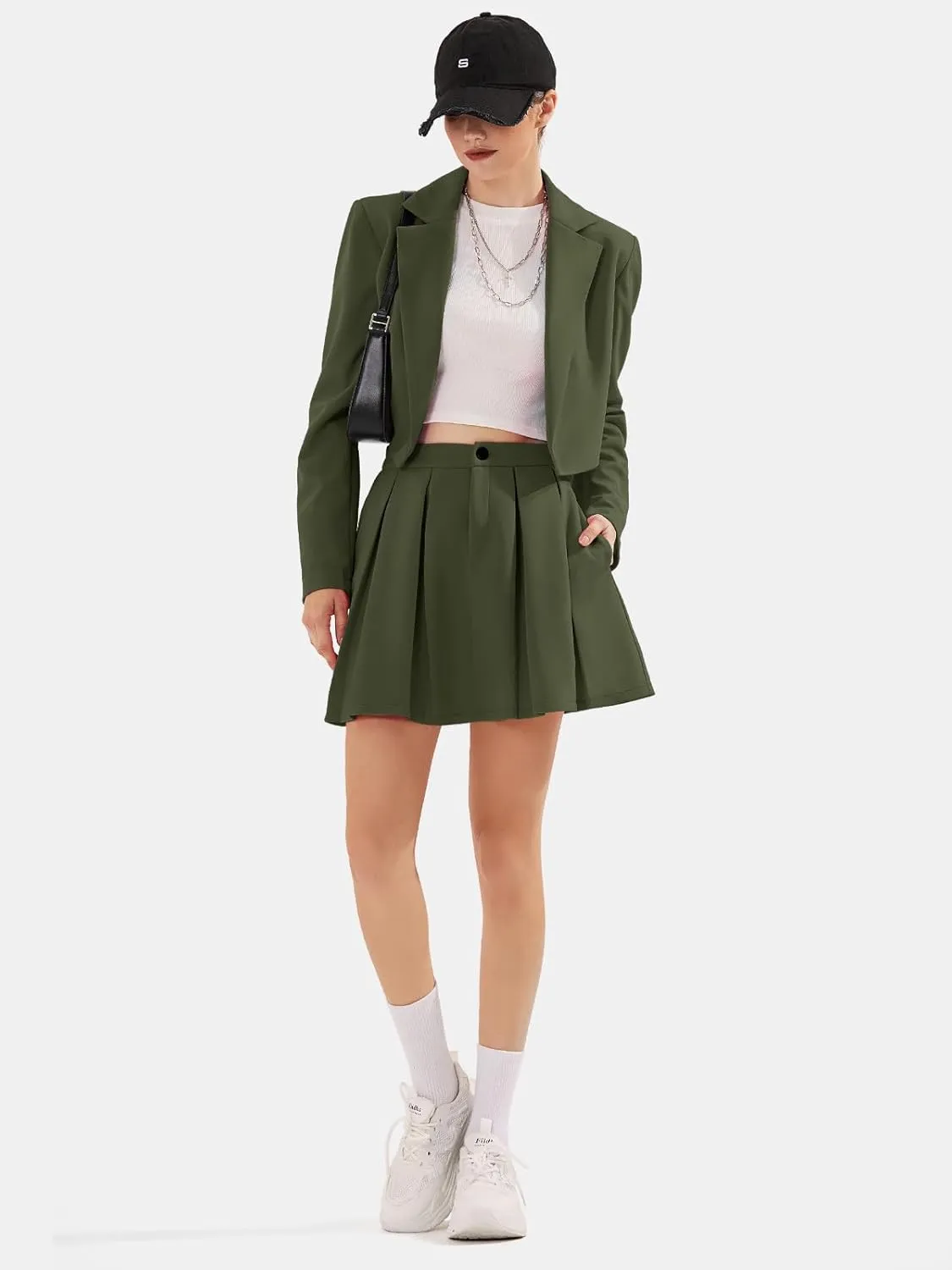 EXLURA Women's Business Casual Blazer Suit Sets and Pleated Mini Skirt 2 Piece Outfits Trendy Long Sleeve Y2K Clothes 2025