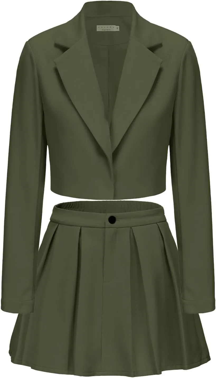 EXLURA Women's Business Casual Blazer Suit Sets and Pleated Mini Skirt 2 Piece Outfits Trendy Long Sleeve Y2K Clothes 2025
