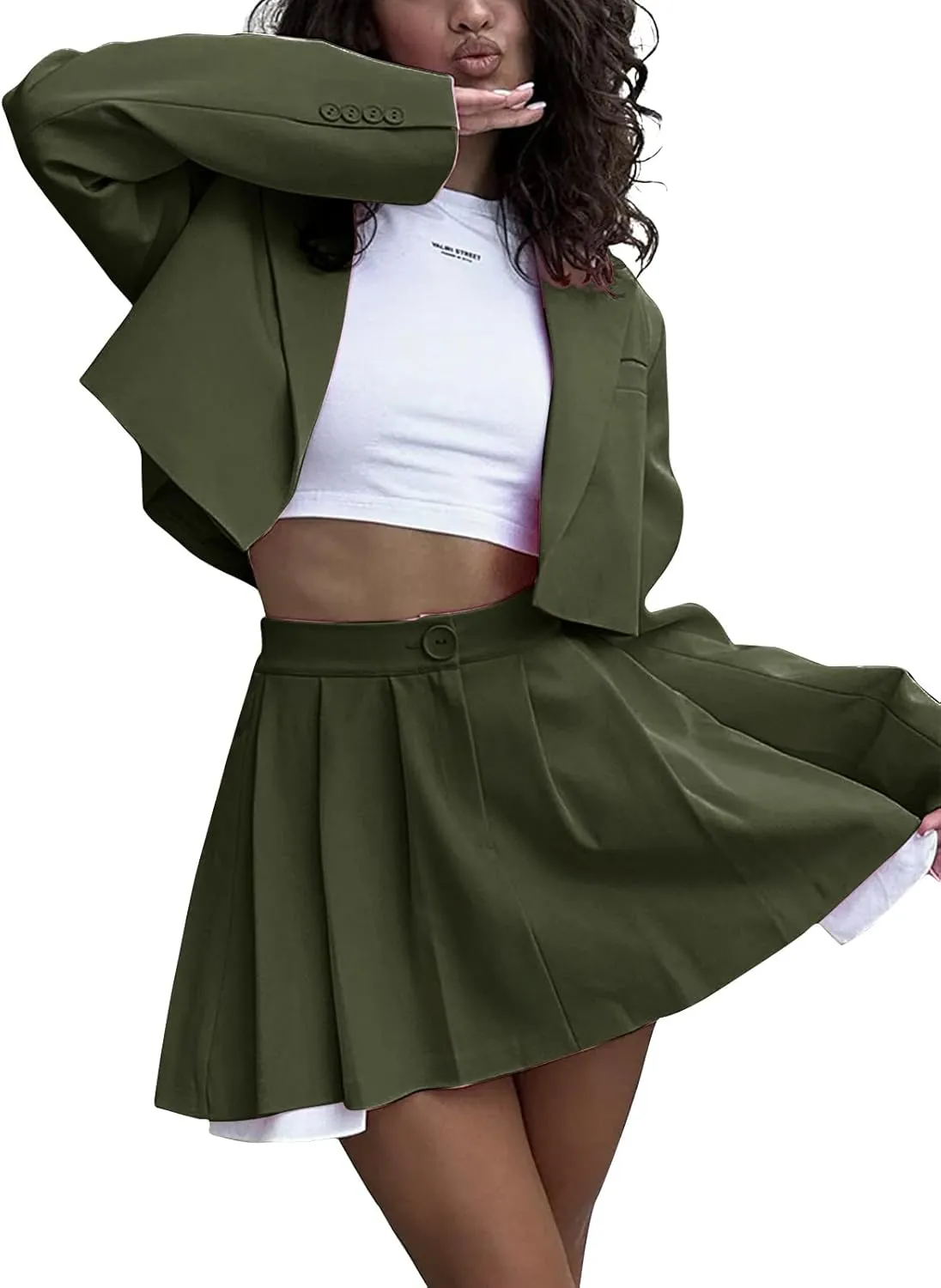 EXLURA Women's Business Casual Blazer Suit Sets and Pleated Mini Skirt 2 Piece Outfits Trendy Long Sleeve Y2K Clothes 2025