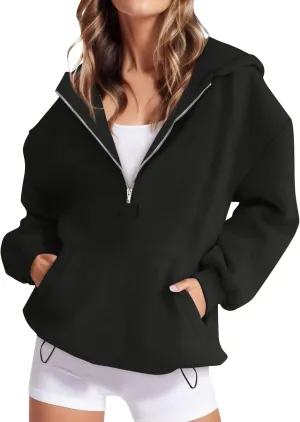 Fall Casual Hoodies for Women Casual Loose Quarter Zip Up Hooded Long Sleeve Pullovers Solid Color Workout Sweatshirt
