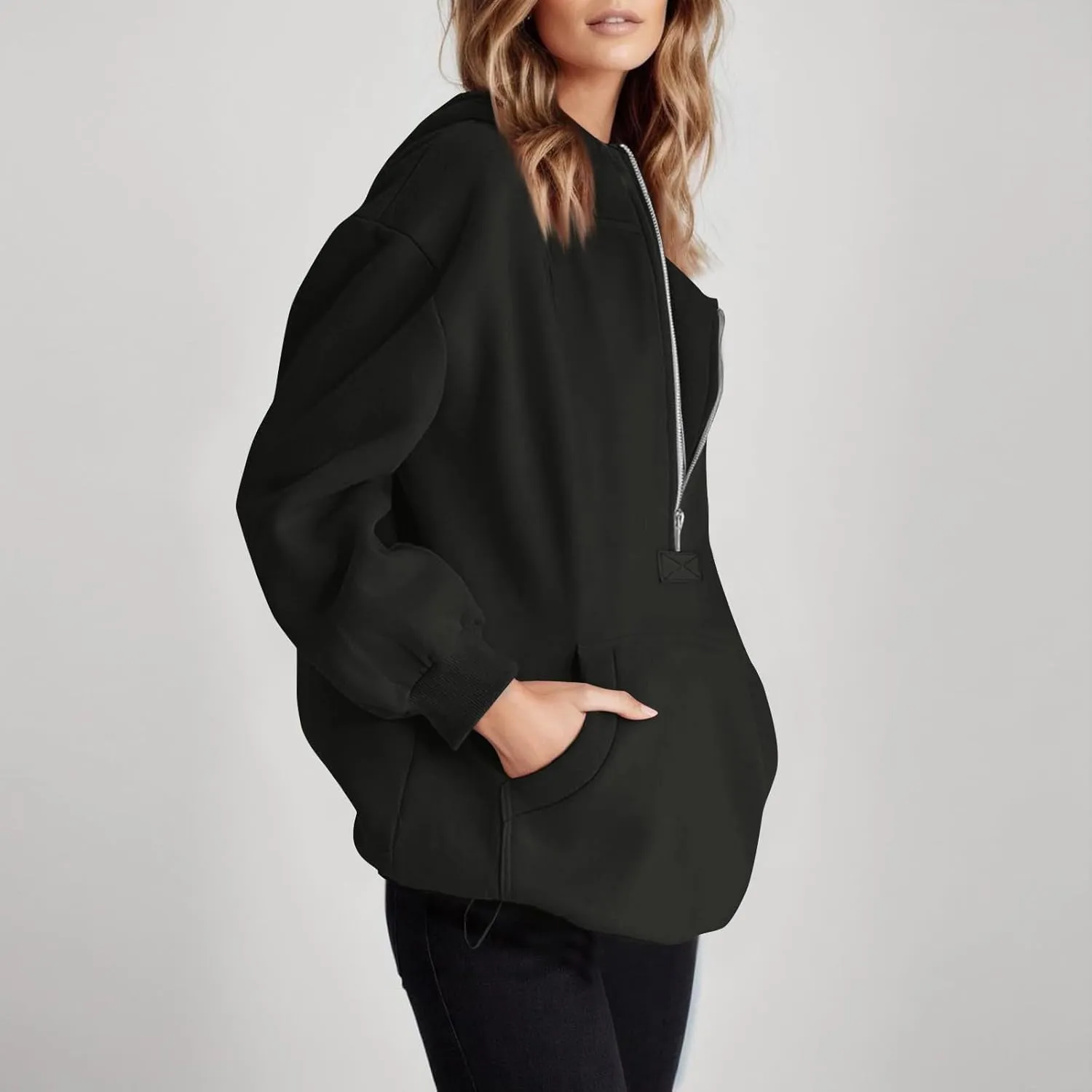 Fall Casual Hoodies for Women Casual Loose Quarter Zip Up Hooded Long Sleeve Pullovers Solid Color Workout Sweatshirt