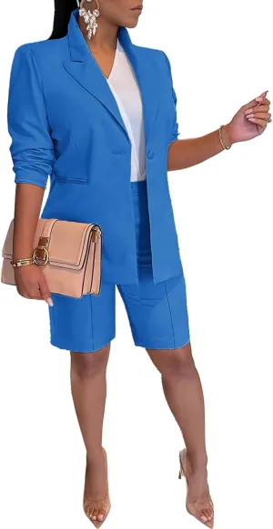 Famnbro Womens 2 Piece Blazer Outfits Lapels Open Front Suit Jacket and Bermuda Shorts Set