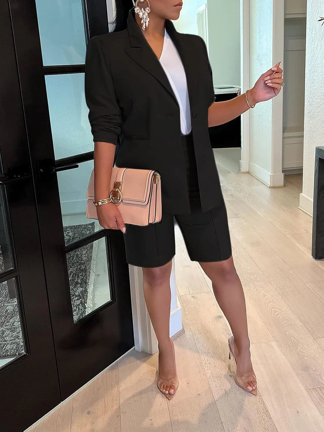 Famnbro Womens 2 Piece Blazer Outfits Lapels Open Front Suit Jacket and Bermuda Shorts Set