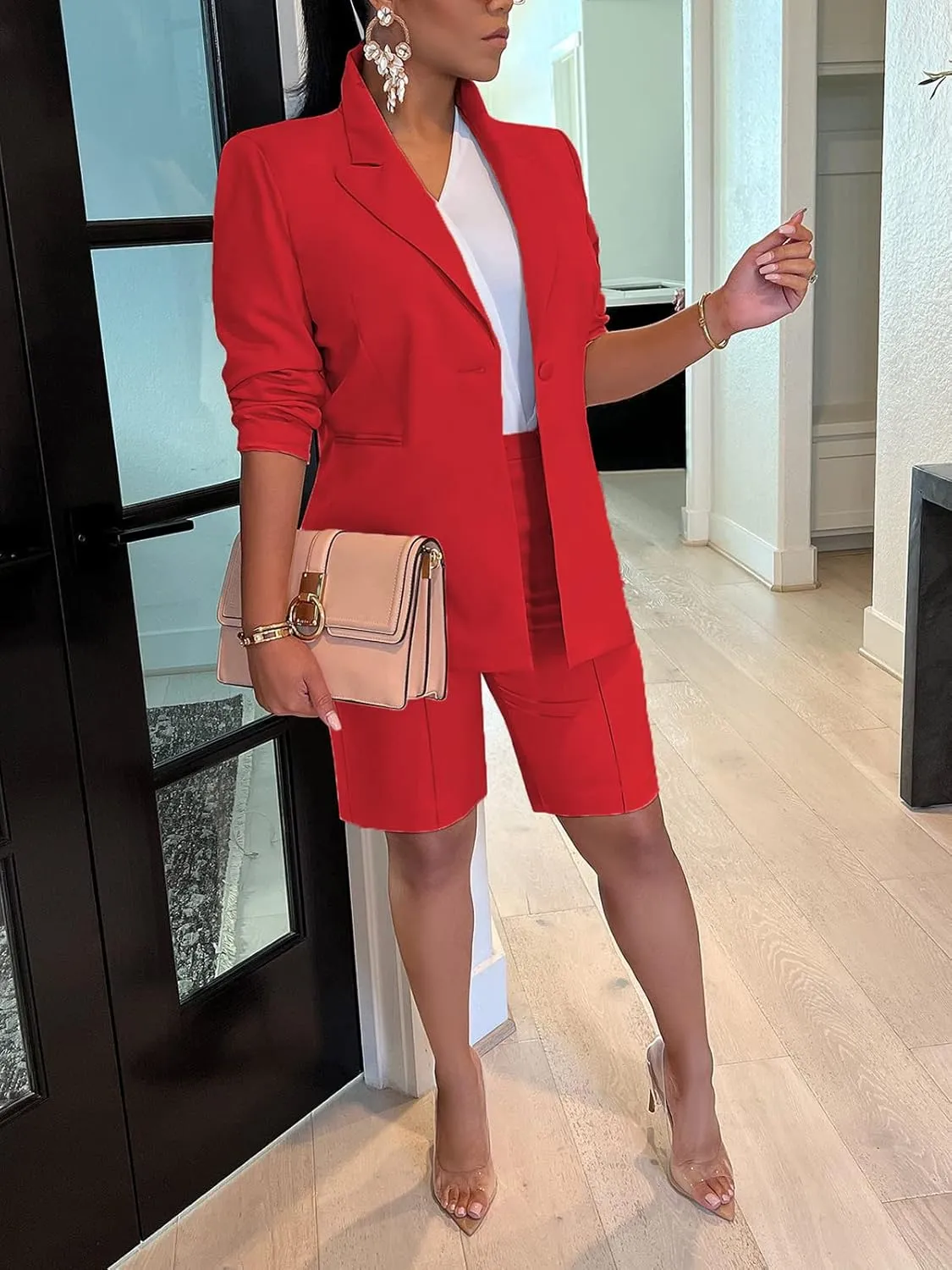 Famnbro Womens 2 Piece Blazer Outfits Lapels Open Front Suit Jacket and Bermuda Shorts Set