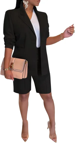 Famnbro Womens 2 Piece Blazer Outfits Lapels Open Front Suit Jacket and Bermuda Shorts Set
