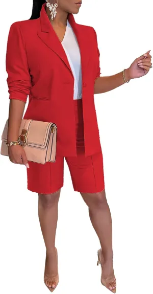 Famnbro Womens 2 Piece Blazer Outfits Lapels Open Front Suit Jacket and Bermuda Shorts Set