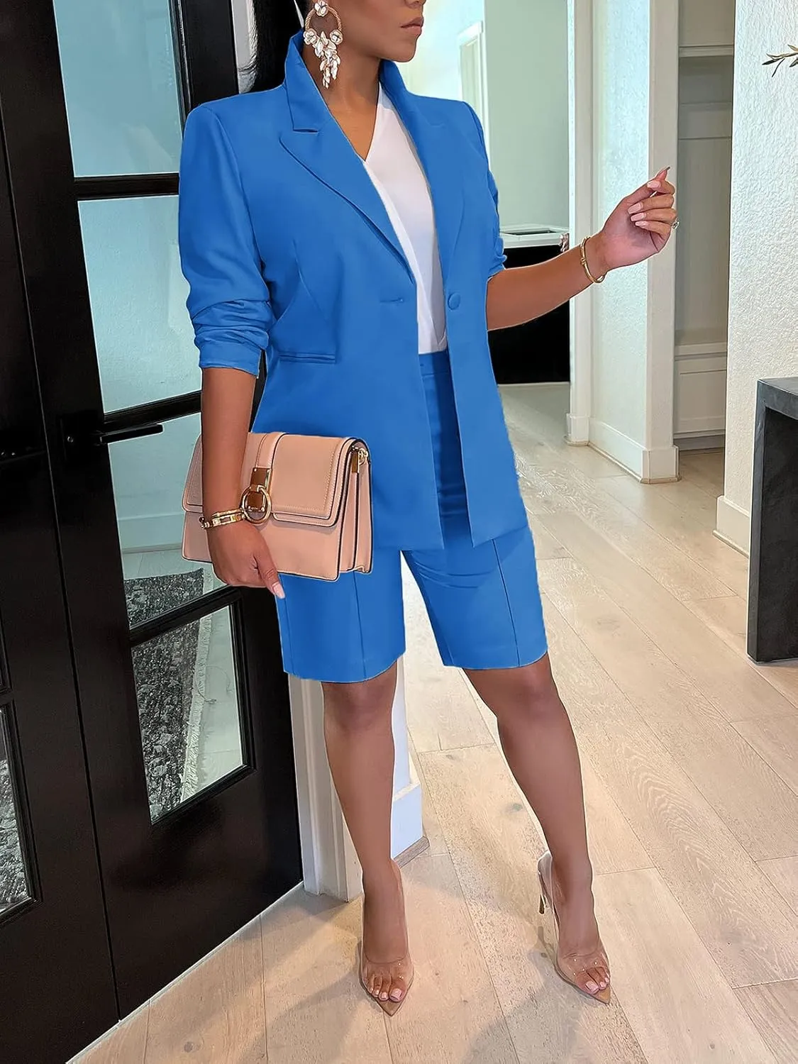 Famnbro Womens 2 Piece Blazer Outfits Lapels Open Front Suit Jacket and Bermuda Shorts Set
