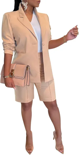Famnbro Womens 2 Piece Blazer Outfits Lapels Open Front Suit Jacket and Bermuda Shorts Set