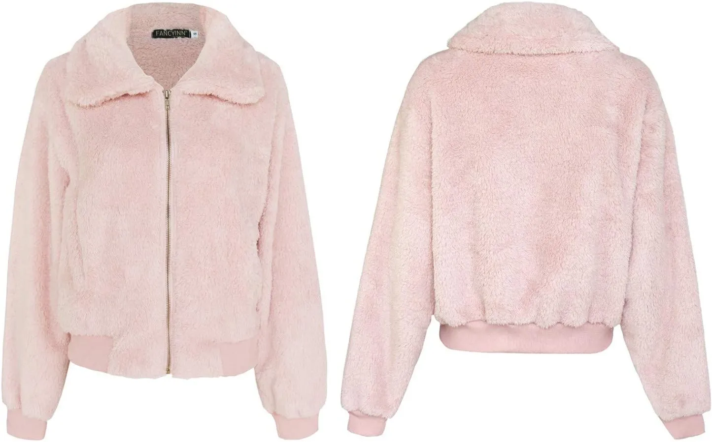 FANCYINN Womens Teddy Cropped Faux Fur Jacket Furry Lapel Coat Zip Up with Pockets Warm Winter