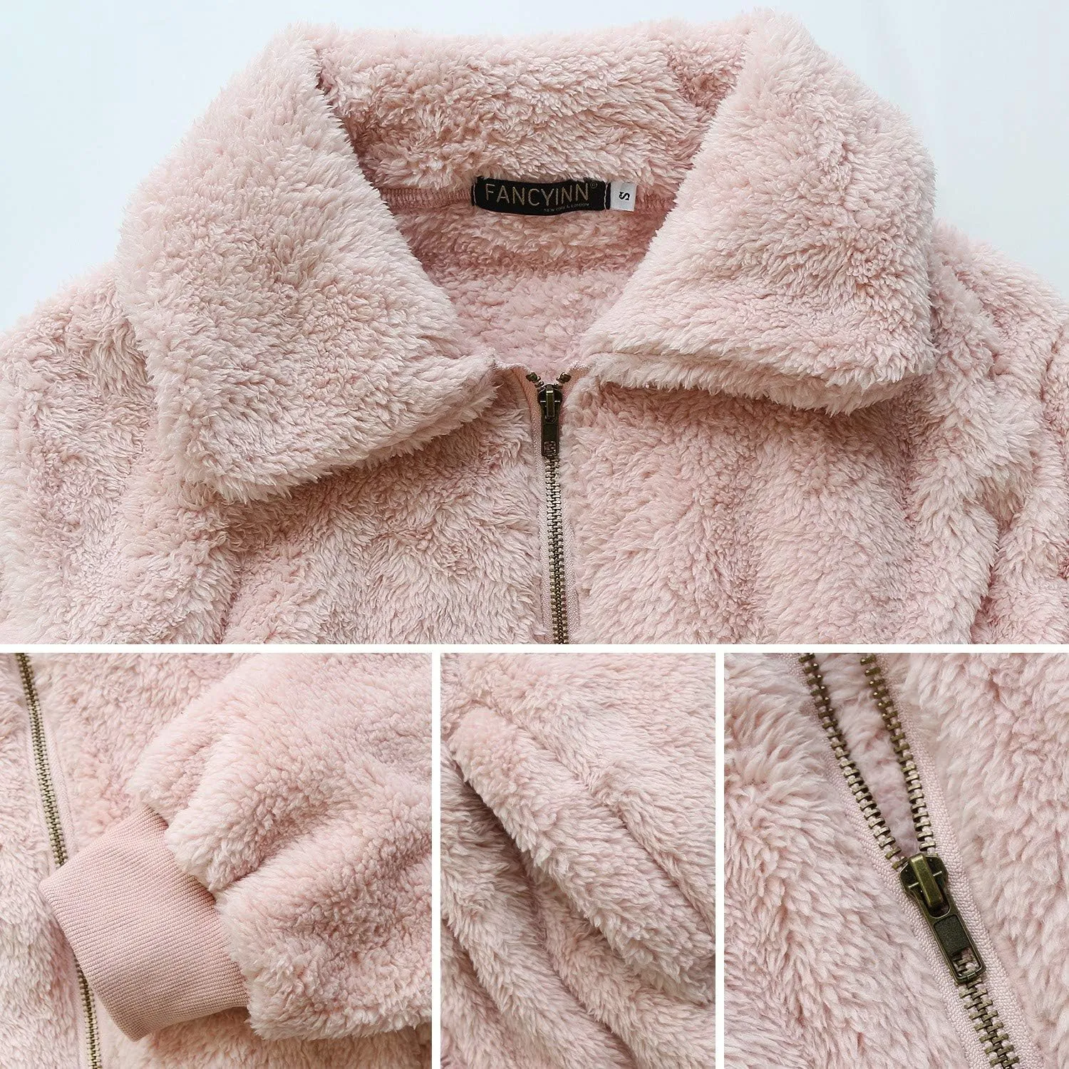 FANCYINN Womens Teddy Cropped Faux Fur Jacket Furry Lapel Coat Zip Up with Pockets Warm Winter