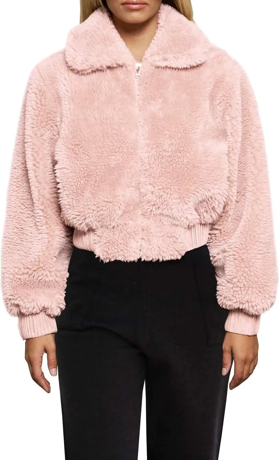 FANCYINN Womens Teddy Cropped Faux Fur Jacket Furry Lapel Coat Zip Up with Pockets Warm Winter
