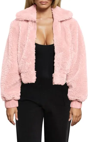 FANCYINN Womens Teddy Cropped Faux Fur Jacket Furry Lapel Coat Zip Up with Pockets Warm Winter
