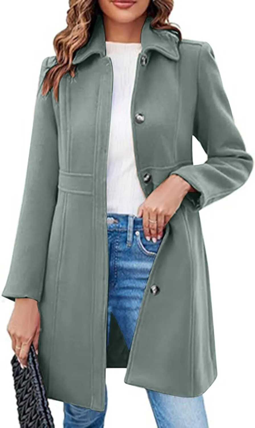 fartey Womens Long Winter Coats Casual Lapel Collared Elegant Trench Coat Singe-Breasted Wool Blend Pea Coat With Pockets
