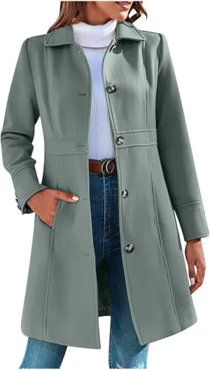 fartey Womens Long Winter Coats Casual Lapel Collared Elegant Trench Coat Singe-Breasted Wool Blend Pea Coat With Pockets