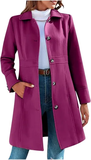 fartey Womens Long Winter Coats Casual Lapel Collared Elegant Trench Coat Singe-Breasted Wool Blend Pea Coat With Pockets