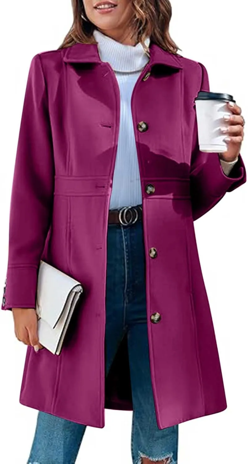 fartey Womens Long Winter Coats Casual Lapel Collared Elegant Trench Coat Singe-Breasted Wool Blend Pea Coat With Pockets