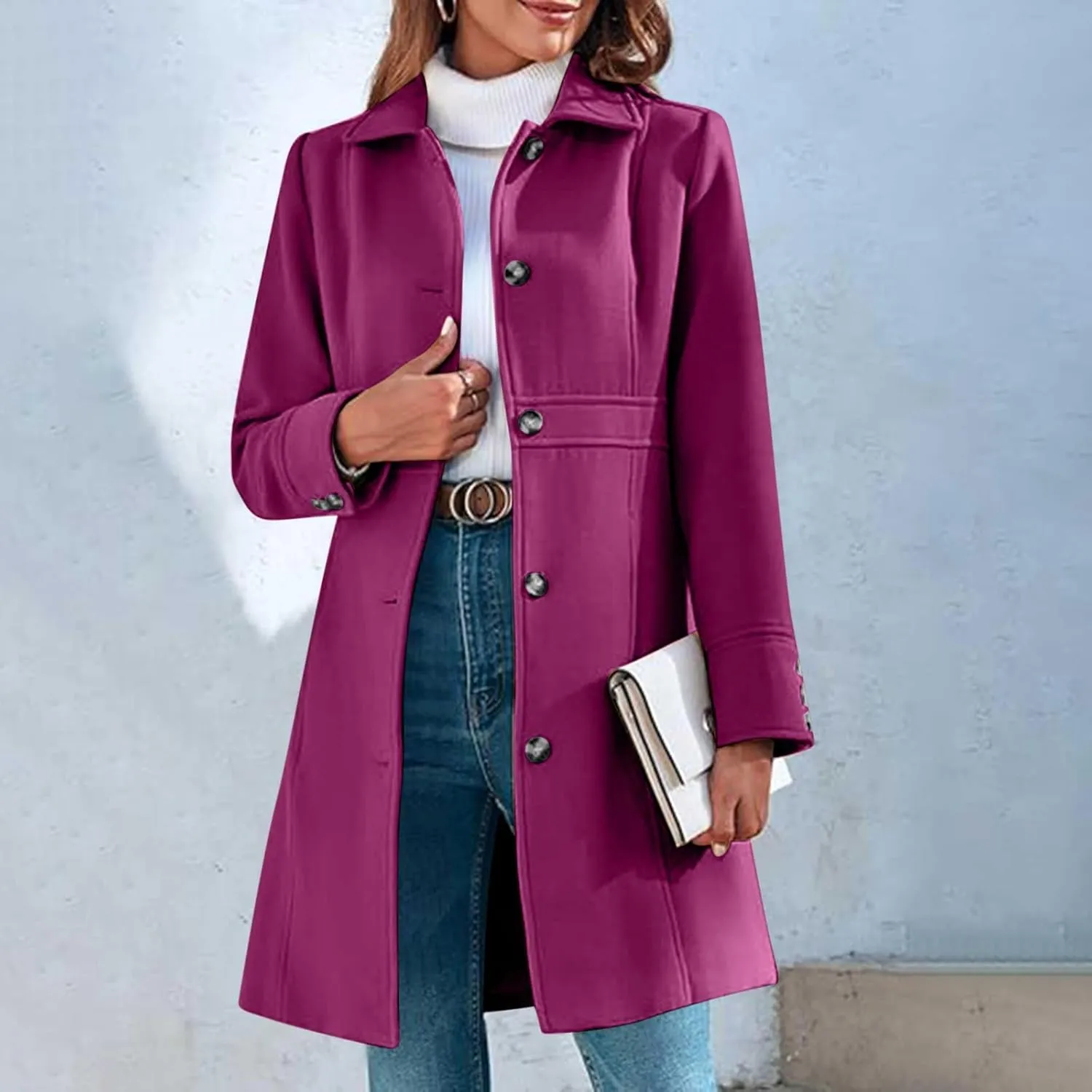 fartey Womens Long Winter Coats Casual Lapel Collared Elegant Trench Coat Singe-Breasted Wool Blend Pea Coat With Pockets