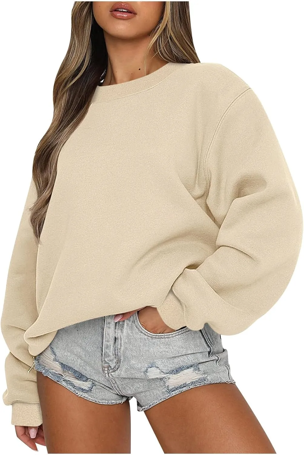 Fleece Crewneck Sweatshirts for Women Soft Comfy Fit Long Sleeve Shirts for Teen Girl Oversized Pullover Sweaters