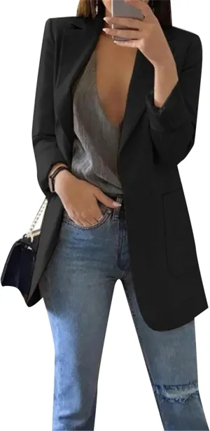 FLITAY Women's Casual Solid Color Jackets Lapel Collar Open Front Blazer Long Sleeve Work Office Outfit Blazer