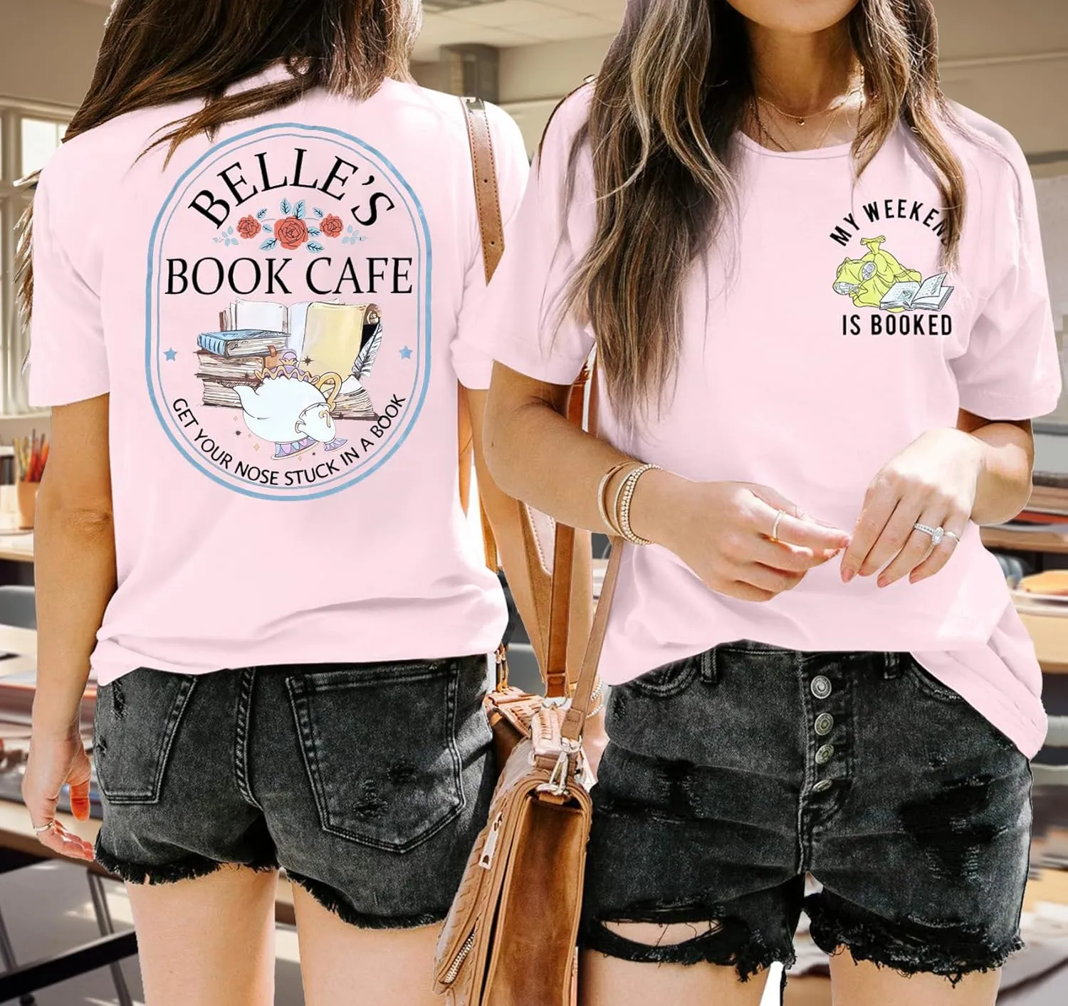 FLOYU Women Belle's Book Shop Shirt Princess Belle T-Shirt Book Lover Tops Casual Magic Kingdom Short Sleeve Shirt