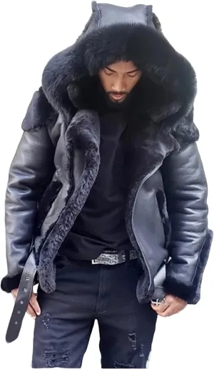 Fur Coat Men Fleece Lined Leather Jackets Zip Up Motorcycle Jacket Warm Winter Coats Outdoor Work Outwear with Hood