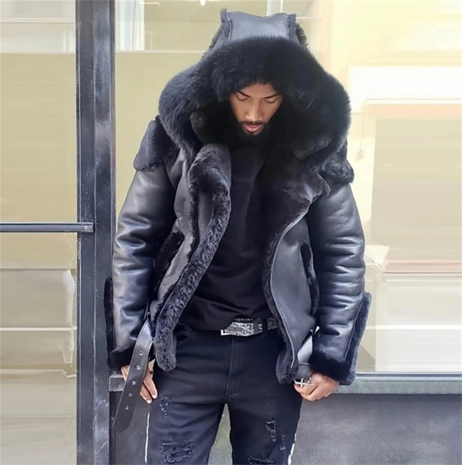 Fur Coat Men Fleece Lined Leather Jackets Zip Up Motorcycle Jacket Warm Winter Coats Outdoor Work Outwear with Hood