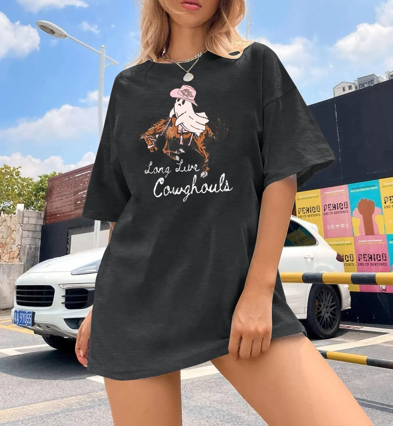 Ghost Halloween Shirts Women Spooky Season Shirt Funny Cow Ghost Cow Lover Oversized T-Shirt