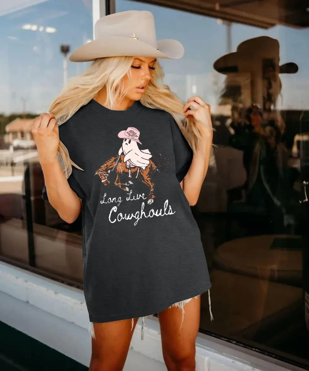 Ghost Halloween Shirts Women Spooky Season Shirt Funny Cow Ghost Cow Lover Oversized T-Shirt
