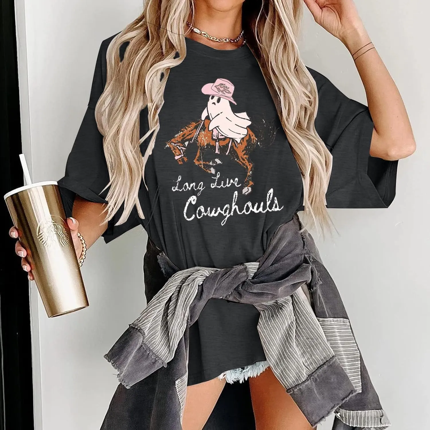 Ghost Halloween Shirts Women Spooky Season Shirt Funny Cow Ghost Cow Lover Oversized T-Shirt