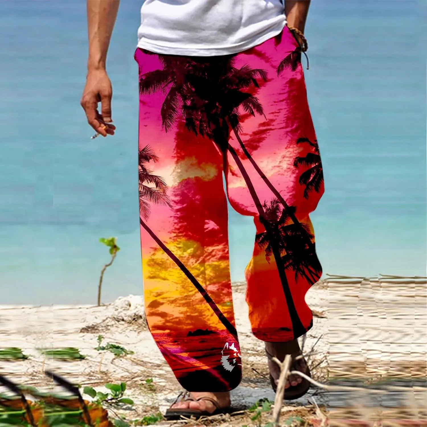 GIERIDUC Mens Casual Linen Pants Loose Fit Elastic Drawstring Waist Straight Leg Hippie Trousers Summer Yoga Beach Long Pants