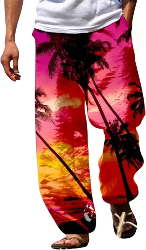 GIERIDUC Mens Casual Linen Pants Loose Fit Elastic Drawstring Waist Straight Leg Hippie Trousers Summer Yoga Beach Long Pants
