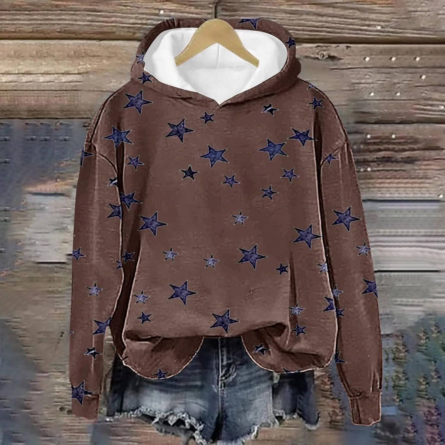 GIERIDUC Womens Oversized Hoodies Stars Printed Graphic Fleece Sweatshirts Long Sleeve Hooded Sweaters Pullover Fall Outfits