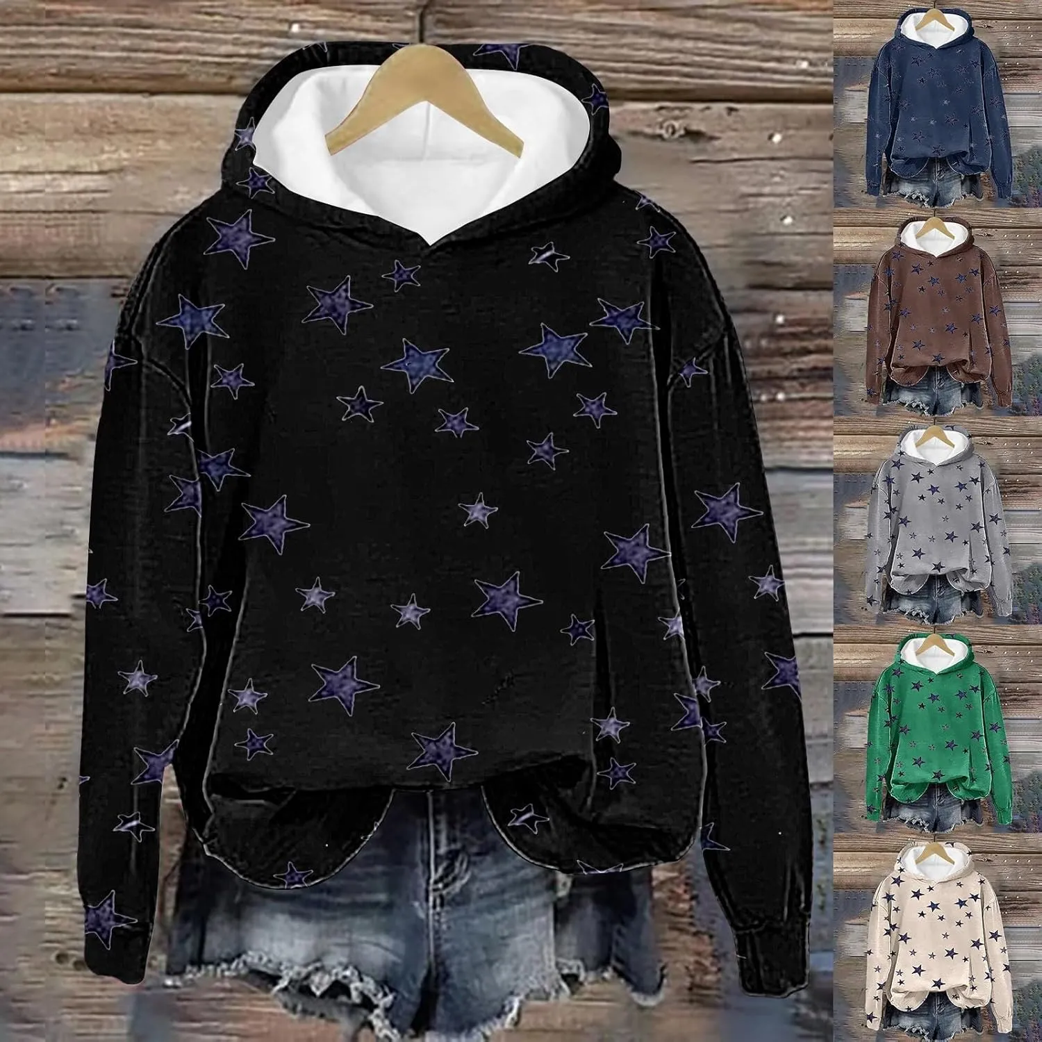 GIERIDUC Womens Oversized Hoodies Stars Printed Graphic Fleece Sweatshirts Long Sleeve Hooded Sweaters Pullover Fall Outfits