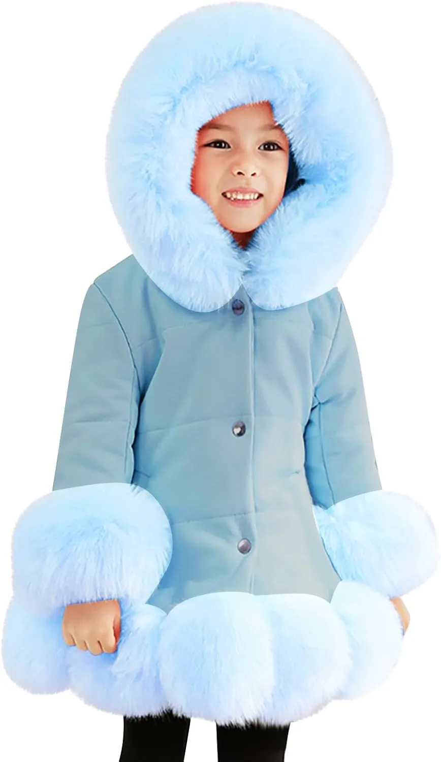 Girls Faux Leather Jacket with Fur Trim Toddler Thick Fleece Lined Warm Winter Coat Button up Dress Coat Outwear