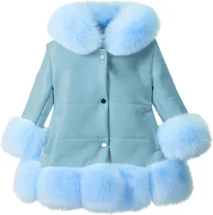 Girls Faux Leather Jacket with Fur Trim Toddler Thick Fleece Lined Warm Winter Coat Button up Dress Coat Outwear