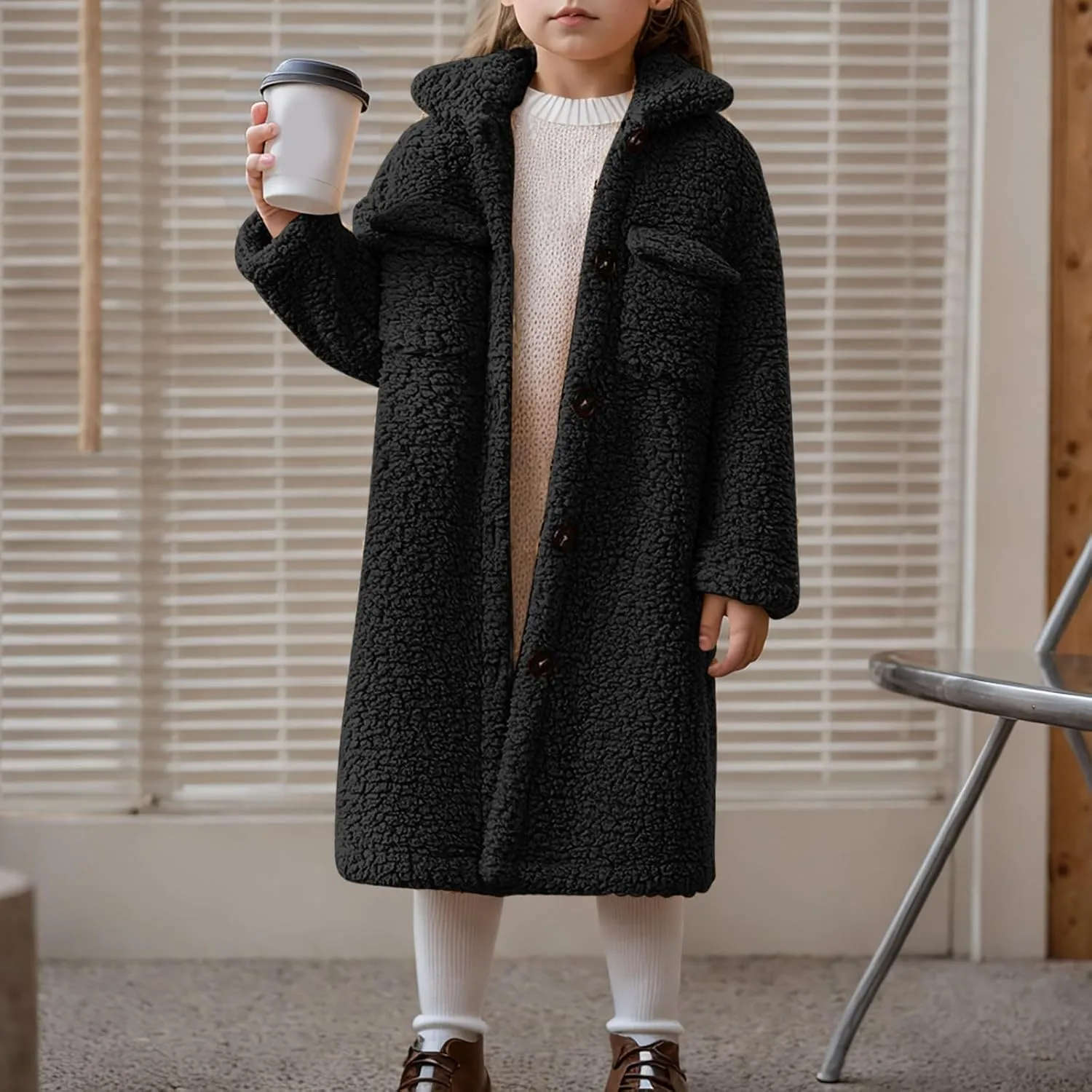 Girls Winter Long Coat Thick Warm Sherpa Teddy Jacket Casual Button Down Fleece Overcoat Faux Fur Outwear 3-12 Years