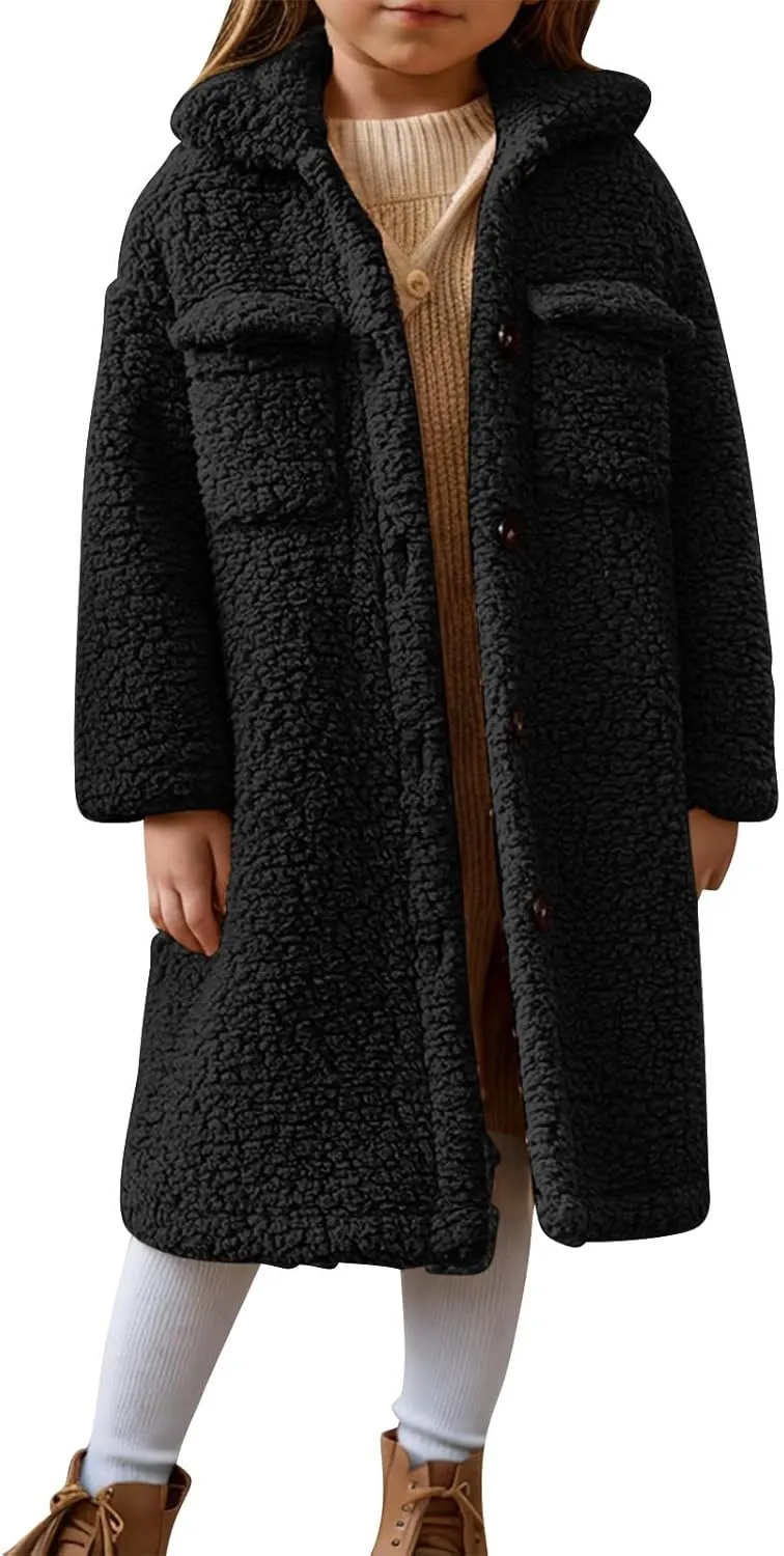 Girls Winter Long Coat Thick Warm Sherpa Teddy Jacket Casual Button Down Fleece Overcoat Faux Fur Outwear 3-12 Years