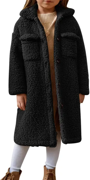 Girls Winter Long Coat Thick Warm Sherpa Teddy Jacket Casual Button Down Fleece Overcoat Faux Fur Outwear 3-12 Years