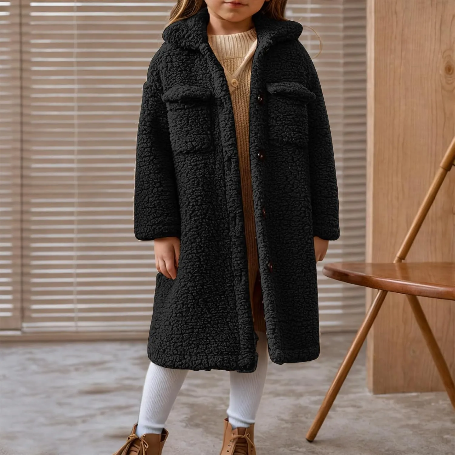 Girls Winter Long Coat Thick Warm Sherpa Teddy Jacket Casual Button Down Fleece Overcoat Faux Fur Outwear 3-12 Years