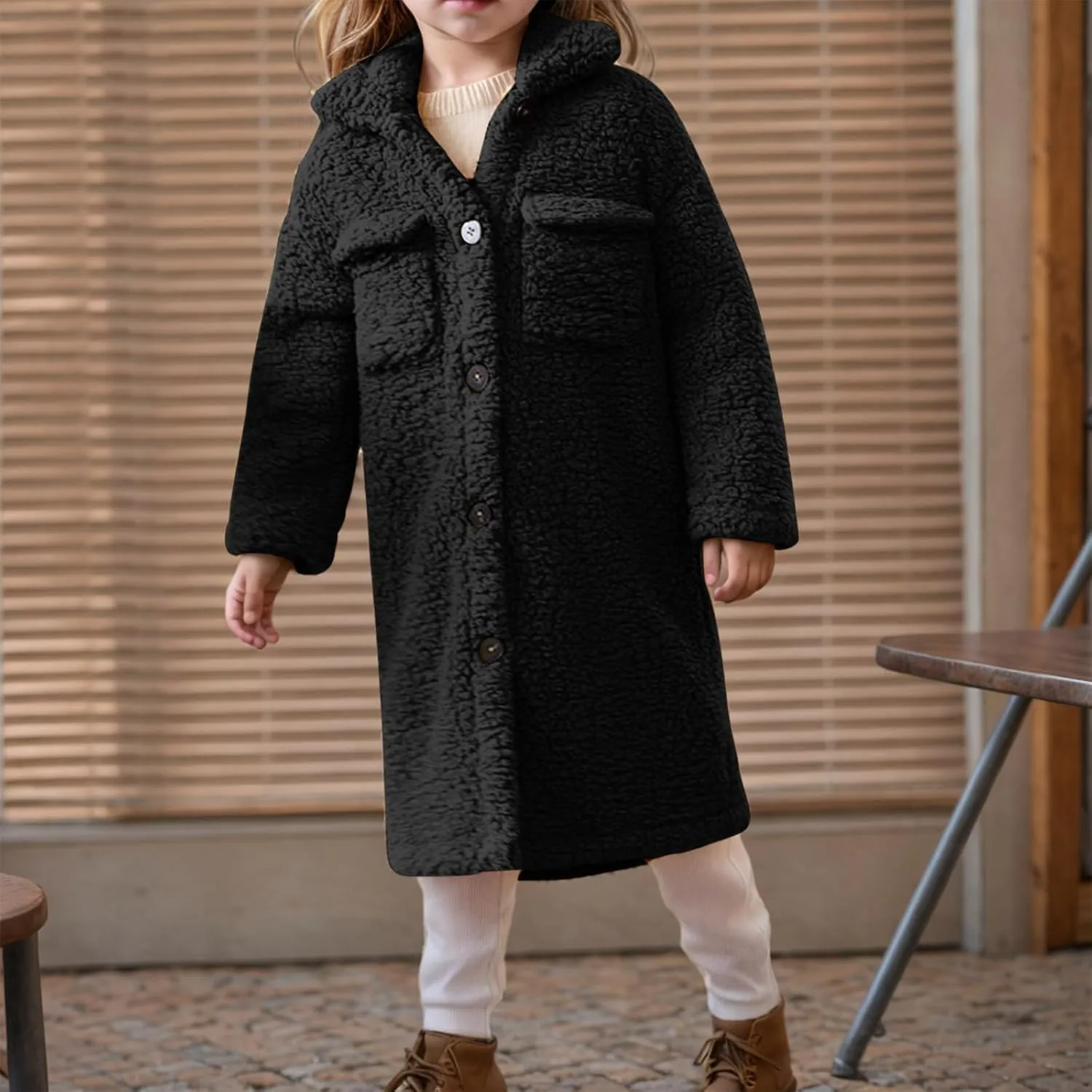 Girls Winter Long Coat Thick Warm Sherpa Teddy Jacket Casual Button Down Fleece Overcoat Faux Fur Outwear 3-12 Years