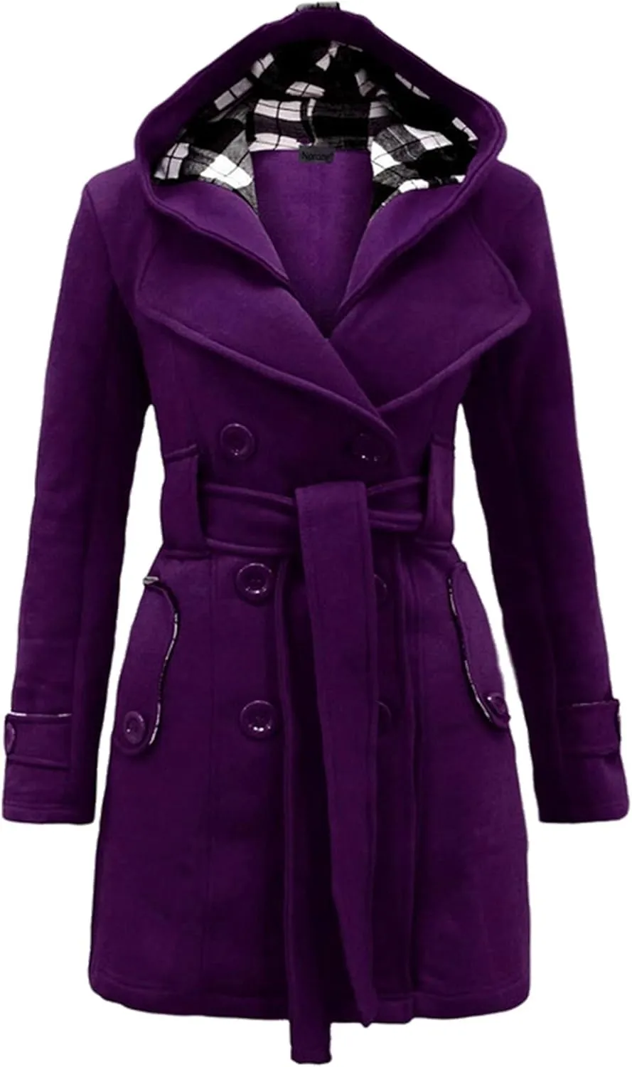 GORIFE Women Double Breasted Faux Fur Pea Coats Solid Thick Hooded Lapel Jackets With Belt