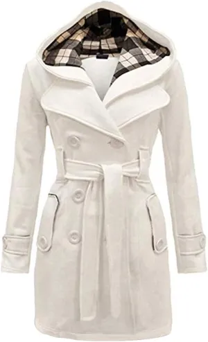 GORIFE Women Double Breasted Faux Fur Pea Coats Solid Thick Hooded Lapel Jackets With Belt