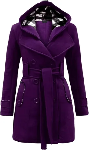 GORIFE Women Double Breasted Faux Fur Pea Coats Solid Thick Hooded Lapel Jackets With Belt